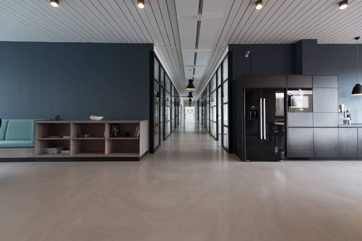 An empty office interior in cool daylight