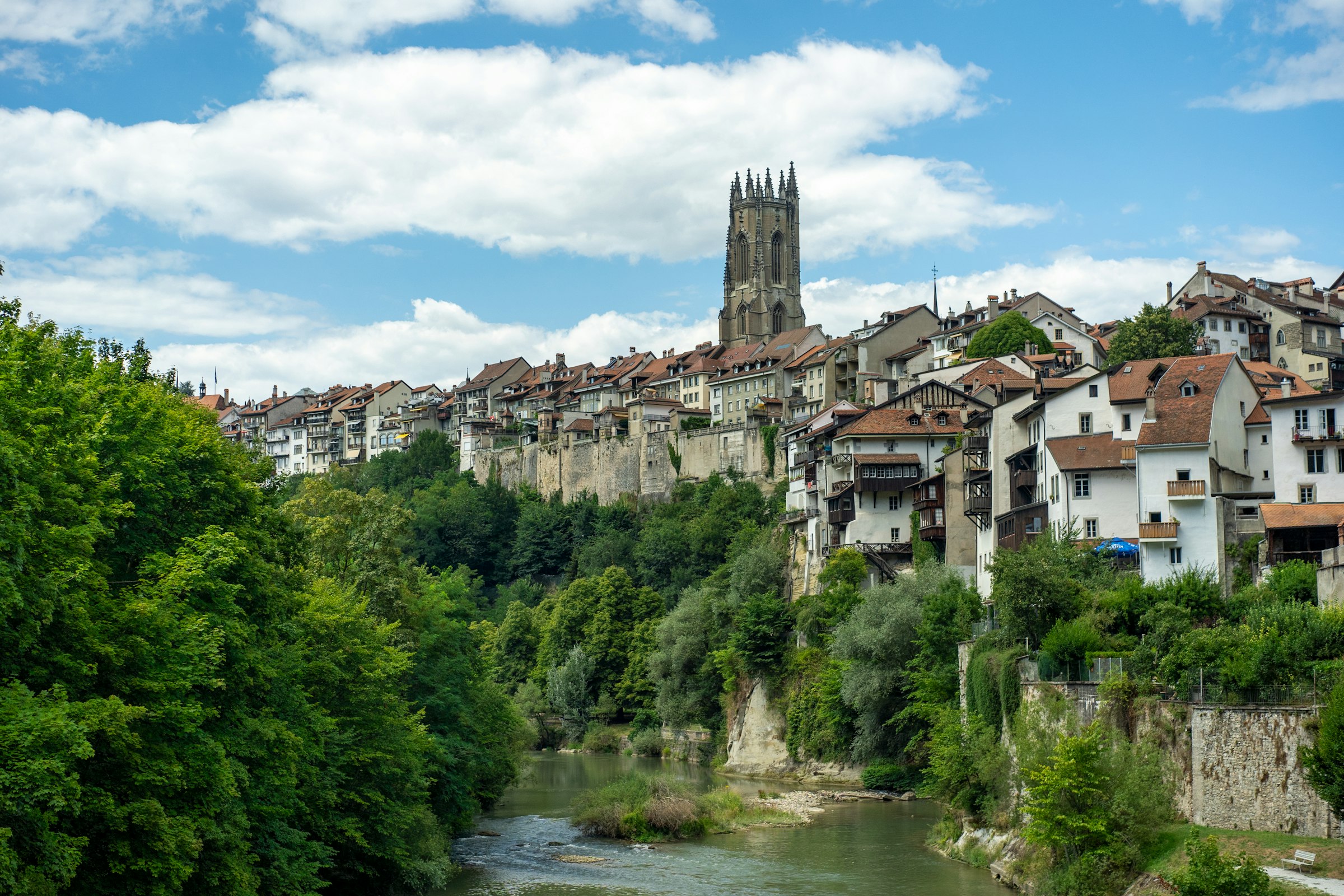 St Nicholas Cathedral rising over the rooftops of Fribourg's old town